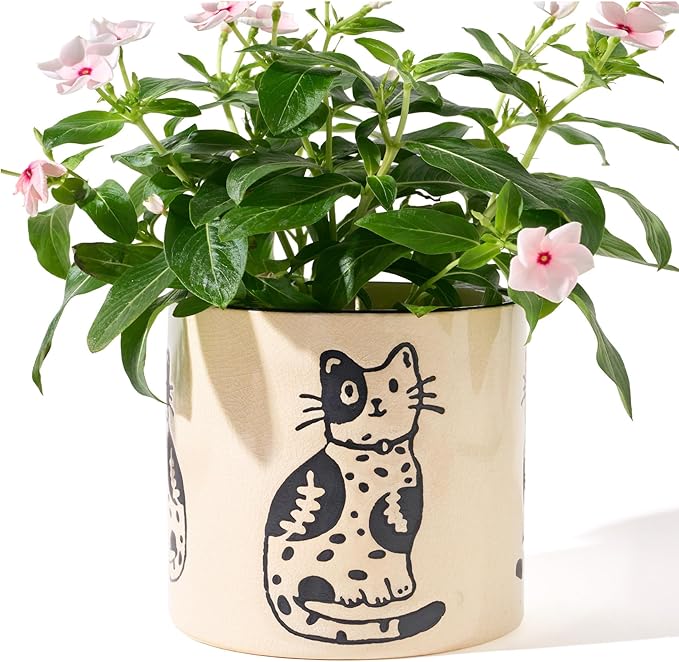5 Inch Ceramic Plant Pots with Drainage Holes, Small Round Flower Pots for Indoor Plant, Unique Animal Flower Planters (Cat)