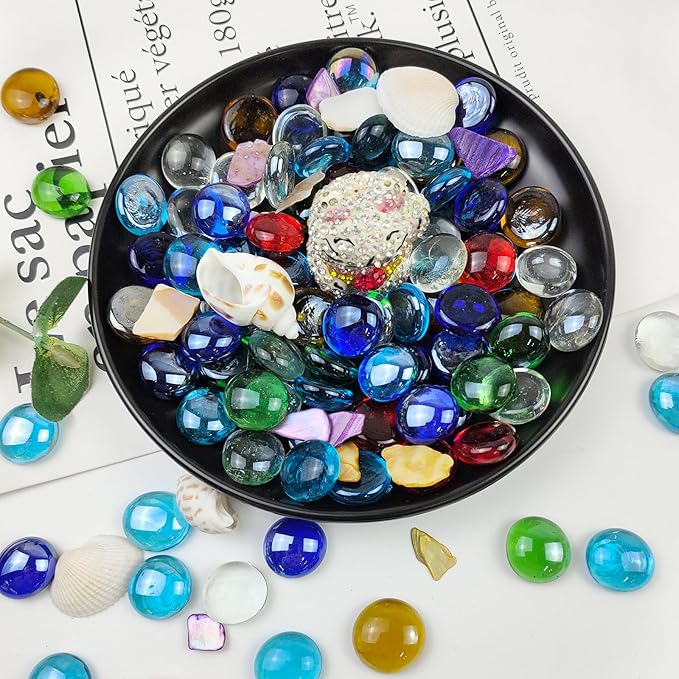 1LB Flat Glass Pebbles for Vase, 100 Pcs Glass Gem Stones for Aquarium, Decorative Glass Rocks for Vase Filler Fish Tank Planter Crafts Birdbath and Valentines Day Decor