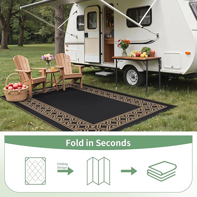 GENIMO Outdoor Rug Waterproof for Patio Decor, 6'x9' Foldable Reversible Plastic Straw Carpet, Outside Area Mat for Rv, Deck, Picnic, Porch, Camper, Balcony, Beach, Black Brown