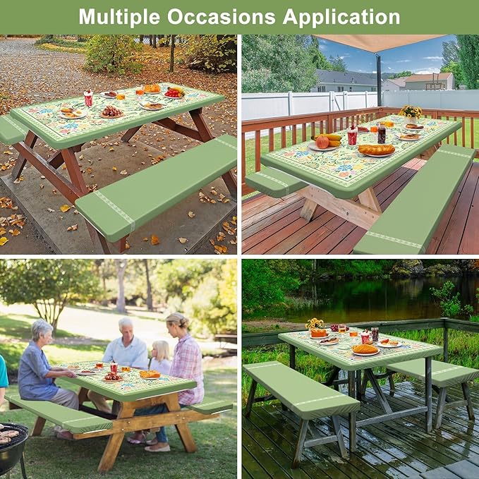 Play Tailor Picnic Table Cover with Bench Covers Camping Essentials Waterproof Windproof Camping Tablecloth with Drawstring Bag, Fitted Rectangle Tables and Seats, 72in, Green with Colorful Flowers