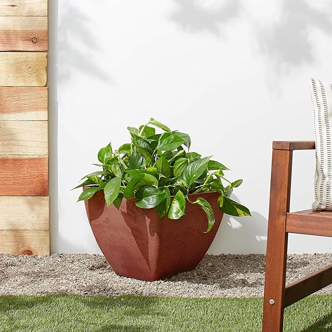 PSW Pot Collection 16x13 inch Plastic/Stone/Wood Composite Square Planter – No Drainage Hole (Drillable), Modern Indoor/Outer Pot for Flowers, Foliage, Succulents, Fairy Gardens, Terra Cotta Color