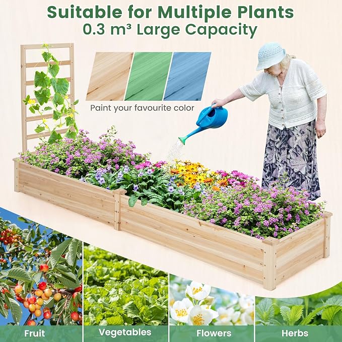 Giantex Raised Garden Bed with Trellis, 93" L x 25" W x 40" H, Wood Planter Box for Vegetables Flowers Herbs Fruits Climbing Plants Cucumber, Easy Assembly, Outdoor Rectangular Floor Gardening Beds