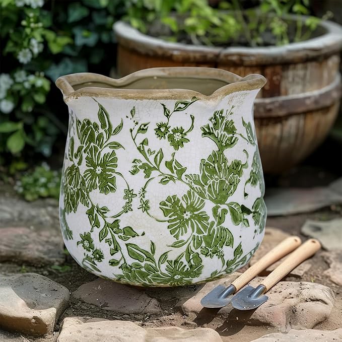 Rustic Ceramic Planter, 6 Inch Tuscan Vintage Flower Pot with Drainage, Farmhouse Garden Pot for Indoor Plants, Kitchen & Garden Tuscan Decor, Plant Lover Gift (Green)
