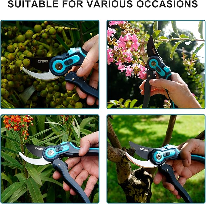 CYRUS Adjustable labor-saving Pruning Shears, Garden Shears with Non-Stick Carbon Steel Blade, 0.866 Inch Cutting Diameter, Safety Lock & Anti-Slip TPR Handle for Gardening, Flower Trimming