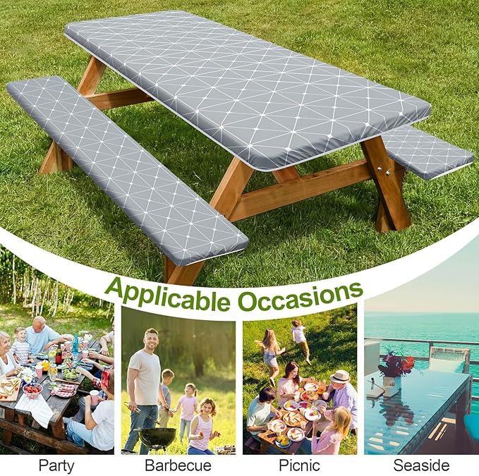 Picnic Table Cover with Bench Covers 6FT 3 Pcs Waterproof Windproof Aesthetic Camping Tablecloth with Drawstring Bag, Fitted for 6 Foot Rectangle Tables and Seats, 72 inch, Grey