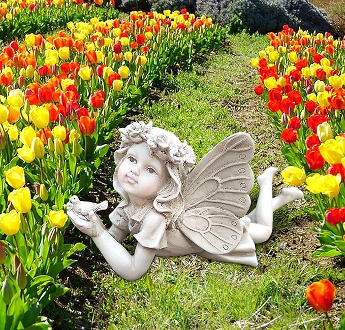 Fairy Garden Decor - Angel Holding a Bird Garden Statues for Outside, Resin Fairies for Fairy Garden, Cute Yard Ornaments Outdoors, Ideal Gifts for Mom and Grandma, 11โ Width