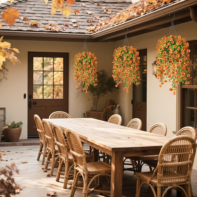Artificial Hanging Flowers Plants for Outdoor Fall Decoration, 2PCS Faux Silk Daisy UV Resistant Look Real for Outside Home Indoor Planter Porch Garden Yard Autumn Decor(Orange)