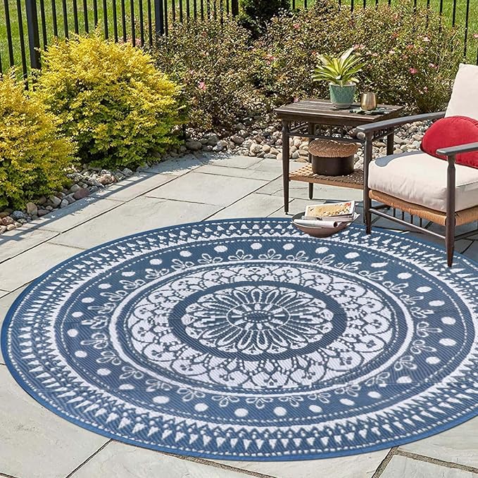 Cekene Round Outdoor Rugs for Patio 5Ft Waterproof Reversible Outdoor Patio Rugs Blue Lightweight Plastic Straw Rugs Portable RV Camping Mat Floor Carpet for Deck Porch Picnic