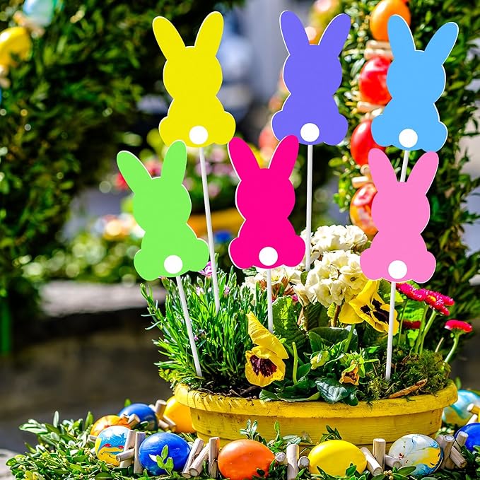 9 Pcs Easter Bunny Planter Stakes Metal Bunny Planter Stakes Outdoor Decorations for Plant Pot Yard Decor Easter Party Decorations Supplies Prop Spring Lawn Decor