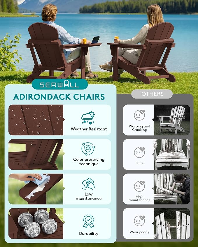 SERWALL Folding Adirondack Chair for Outdoor, Paito Adirondack Chairs with 4 in 1 Cup Holder, All-Weather Patio Chairs with Wood Texture, Fire Pit Chairs for Deck Porch Garden Poolside -Coffee