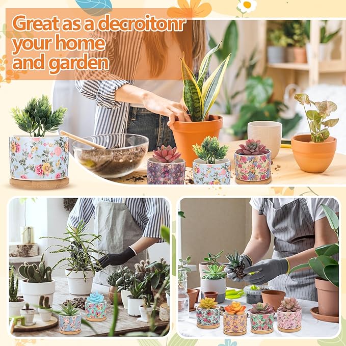 12 Pack 3.14 Inch Ceramic Succulent Plant Pots Mini Flower Cylinder Pots with Drainage Hole and Bamboo Trays for Small Plants Flowers Cactus Home Office Decor(Chinoiserie)