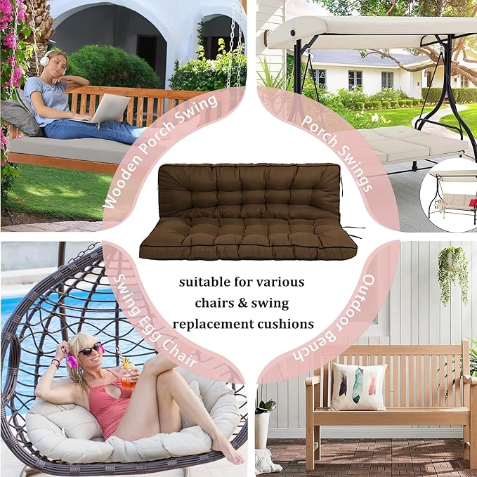 2-3 Seat Swing Replacement Cushion, Outdoor Bench Cushions with Backrest Thicken 4", Patio Furniture Garden Porch Loveseat Glider Pad Anti-Fading Waterproof (Brown, 40x63in-thicken)