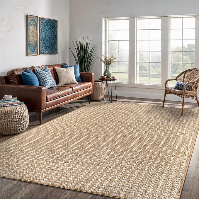 Washable Outdoor Rug 5x7 Modern Area Rugs Outdoor Carpets Striped Pattern Non Shedding Waterproof Easy Clean Patio Deck Porch Living Room Bedroom Garden RV (5 X 7 Natural)