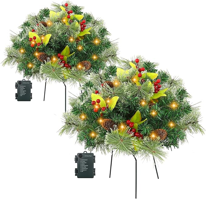 JOYHALO 2 Pack Set 18 Inch Christmas Urn Filler with 60 Warm White Lights, Battery Box with Timer, Xmas Pot Fillers with Branches Berries Pinecones, Outdoor Xmas Trees for Porch Pathway Yard Decor
