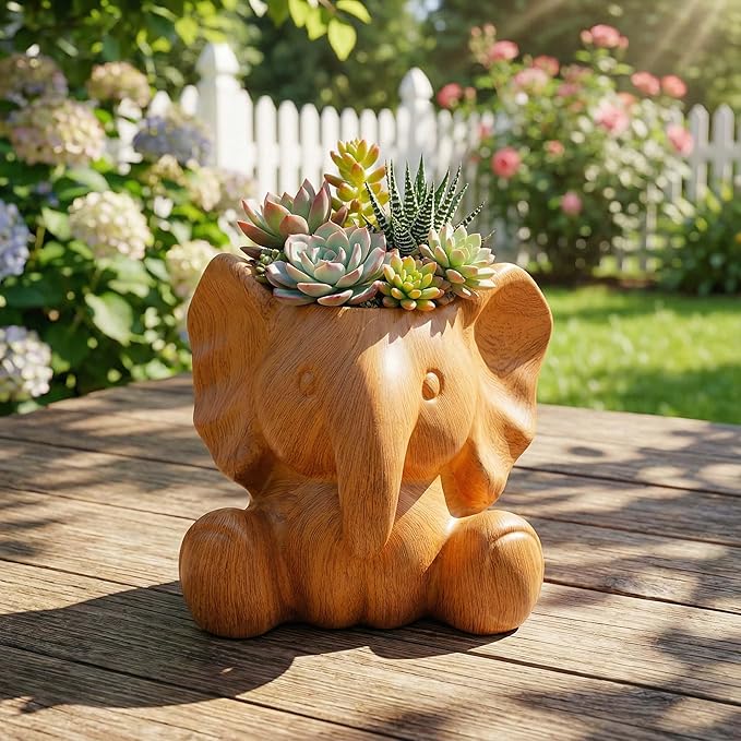 Small Plant Container | Unique Resin Flower Pot Sculpture | Succulent Flower Pot | White Elephant Gifts for Women | Perfect Plant & Elephant Gifts | Indoor & Outdoor Use (Wood Grain)