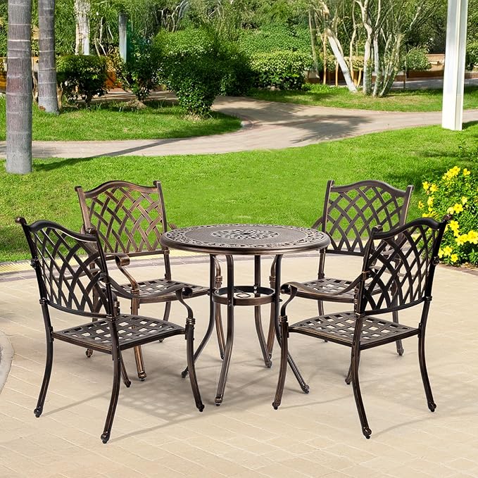 VINGLI Patio Chairs Set of 4 - Stackable Outdoor Cast Aluminum Dining Chairs with Vintage Bronze Finish and Diamond Pattern, Metal Armchairs for Poolside, Backyard, Balcony (No Cushion)
