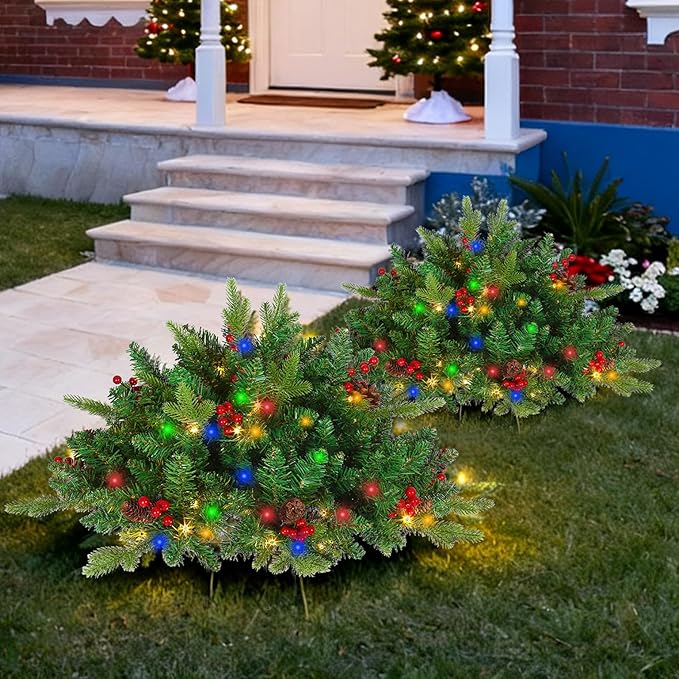 JOYHALO 2 Pack Set 30Inch Christmas Urn Filler with 40 Lights in Warm White and Multicolor, Christmas Pot Fillers with PVC&PE Branches, Outdoor Xmas Trees for Porch Pathway Entryway Yard Decorations