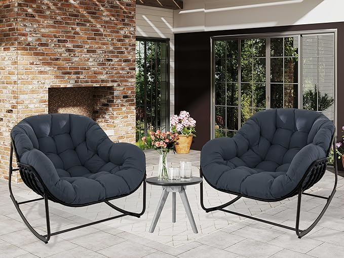 Papasan Rocking Chair, Oversized Papasan Chair with Cushion and Frame for Indoor& Outdoor, Deep Seat Egg-Shaped Rocker Chair for Garden, Deck, Living Room, Blue