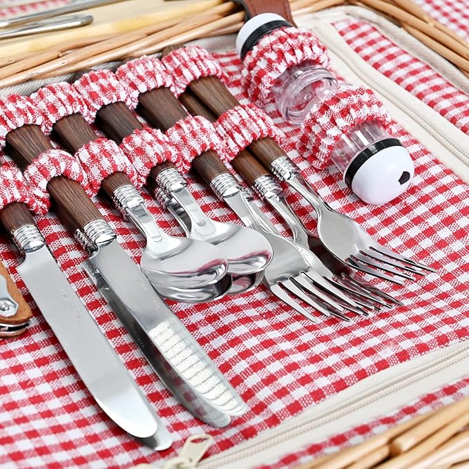 Multifunctional Wicker Picnic Basket Set for 2 with Blanket and Picnic Table, Insulated Picnic Set with Full Tablewares for Camping Outdoor Couples, Gingham