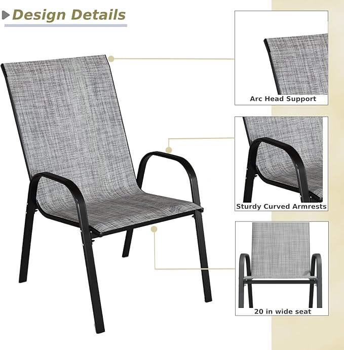 Patio Chairs Set of 4, Outdoor Stackable Dining Chairs with High Back for All Weather, Outdoor Furniture with Breathable Textile Fabric for Garden, Backyard Deck, Pool Side (Grey)