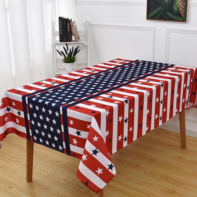 Waterproof Patriotic Tablecloth Fabric - Oblong 52x70 Inch Independence Day Buffalo Tartan Table Cloth for Indoor/Outdoor Use - Washable Tabletop Cover for Dinner, BBQs, and Parties