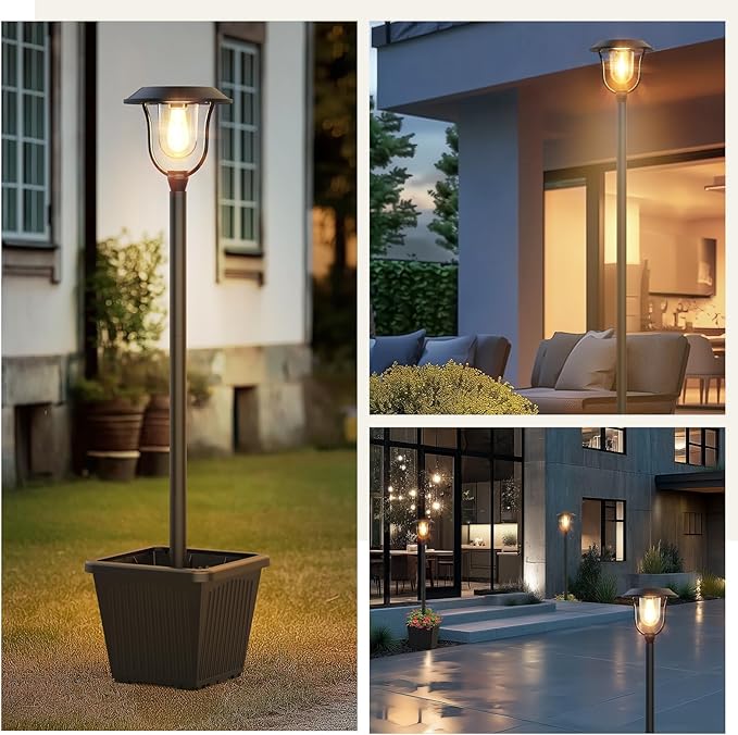 75" Solar Outdoor Light Waterproof, Aluminum 100 Lumens Solar Lamp Post Light with Planter, Auto On/Off Long-Lasting Warm White Outdoor Post Lamp for Garden, Backyard, Patio, Driveway Decor