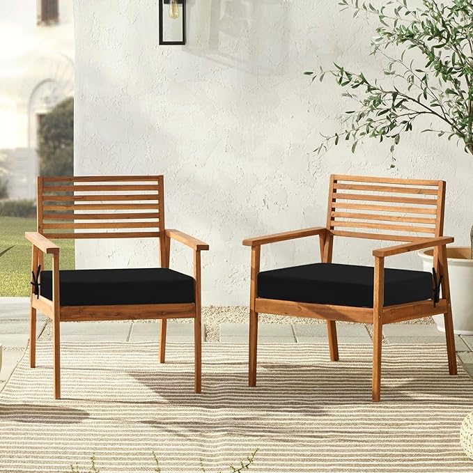 downluxe Outdoor Chair Cushions Set of 2 for Patio Furniture, Water-Resistant Square Corner Patio Chair Cushions with Ties, High Density Foam Outdoor Seat Cushion, 18.5" X 16" X 3", Black