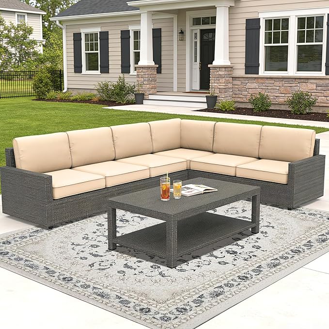 14 Pcs Outdoor Replacement Cushions for Patio Furniture, All Weather Water Resistant Cushion for 6 Seat Rattan Wicker Sectional Patio Conversation Sets and Couch (Khaki)
