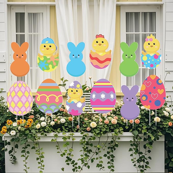 Iceyyyy 12 Pcs Easter Egg Planter Stakes-11 Inch Bunny Egg Chick Planter Stakes-Easter Yard Stakes Garden Signs for Home Plant Pot Party Supplies Outdoor Lawn Decor