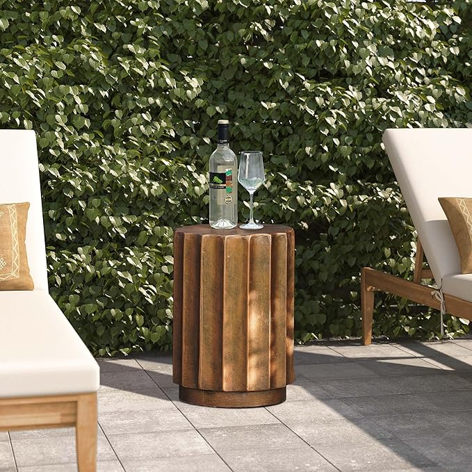 LuxenHome 18" Fiber Stone Outdoor Side Table, Bronze Finish Garden End Table, Round Porch Poolside Seating, Indoor Outdoor Use