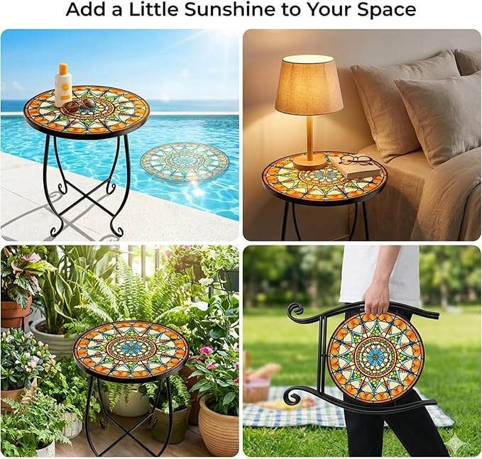 Mosaic Outdoor Side Table Round, 15 Inch Height - Small Patio Table, Foldable Sun Pattern Metal Plant Stand for Garden, Balcony, Porch & Camping (Mosaic Sun)