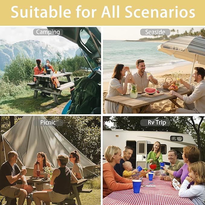 Fitted Waterproof Picnic Table Cover with Bench Covers Elastic Reusable Camping Table Cloths for 8Ft Rectangle Tables Summer Camp Motorhome Party Gear Outdoors Car Travel Trailer Gadgets Gift