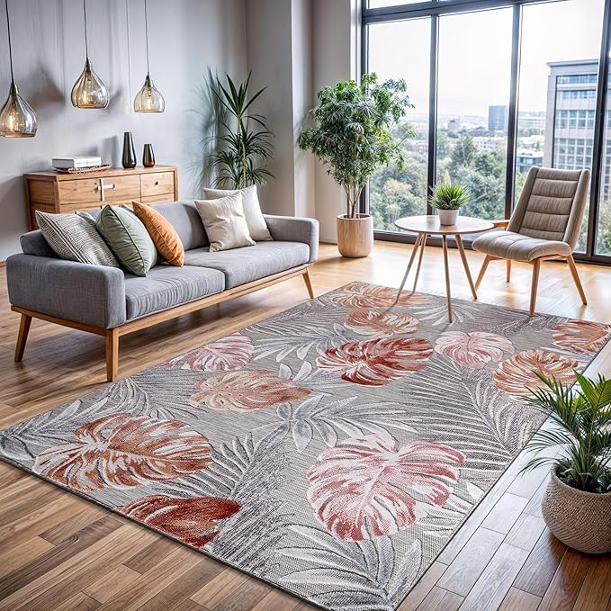 CAMILSON Indoor Outdoor Rug, Multi 4x6 Leaf Tropical Botanical Area Rugs for Indoor and Outdoor patios, Easy-Cleaning Non-Shedding Living Room, Garden and Kitchen Washable Outside Carpet (4 x 6)