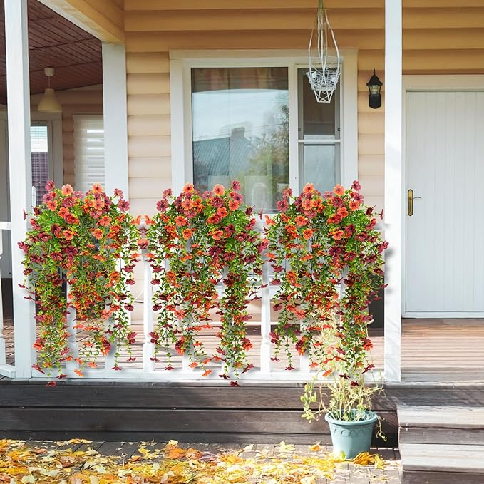 4Pcs Artificial Flowers Hanging Garden Decoration Outdoors Fall Realistic Plants Silk Flower Autumn Fake Flowers for Porch Patio Balcony Planter Yard (Dark Red+Orange)