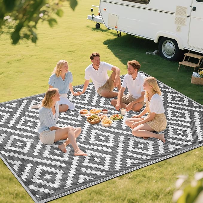 RURALITY Outdoor Rugs 6x9 Feet for Patios Clearance,Plastic Straw Waterproof Mats for Backyard,Porch,Deck,Balcony,Grey&White