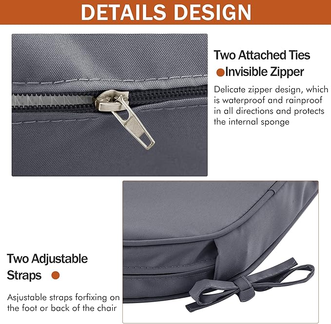Outdoor Chair Cushions Set of 4 Water Resistant Patio Chair Cushions with Tie 3 Year Color Fastness Thick Outdoor Seat Cushion for Garden Lawn Round Corner Dark Grey 17x16 Inch