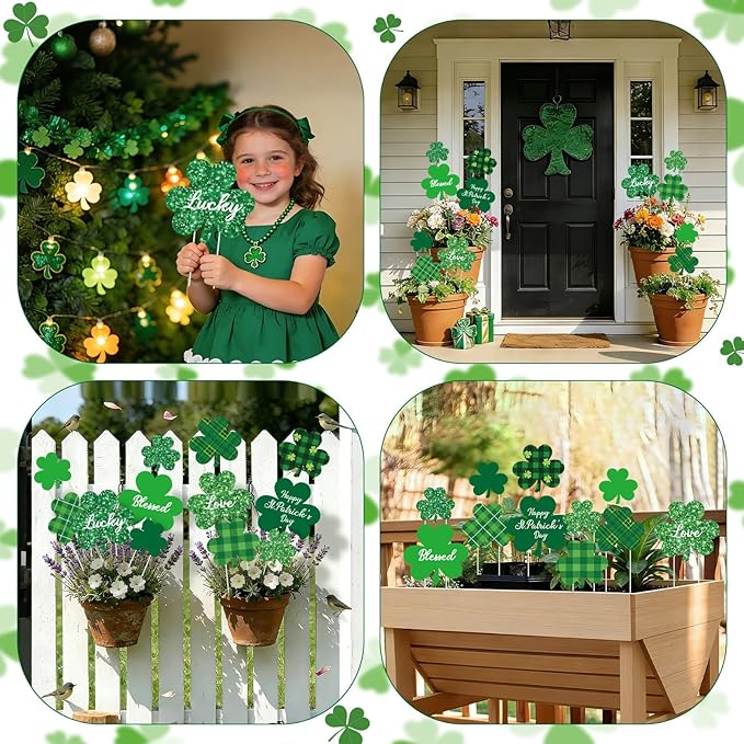 12 Pcs St. Patrick's Day Planter Stakes Shamrock Shaped Garden Signs Outdoor Decorations Decorative Green Plaid Lucky Clover Yard Stakes for St. Patrick's Day Irish Home Lawn Patio Porch