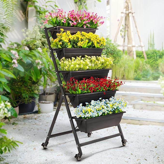 IDZO 5-Tier Vertical Raised Garden Bed with 4 Lockable Caster Wheels, Sturdy Steel Vertical Garden Planter with Efficient Drainage Tray, Ergonomic Ladder Planter with Included Garden Tools, 52", Black