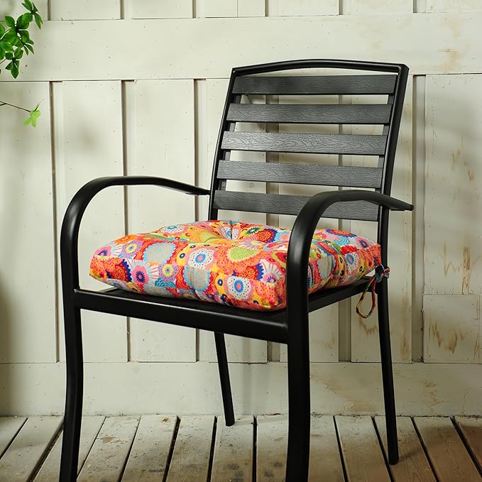 2-Pack Outdoor/Indoor Wicker Patio Seat Cushion Pad with Ties - Dining Chair Cushion, 17" x 17" (Multicolored Flowers)