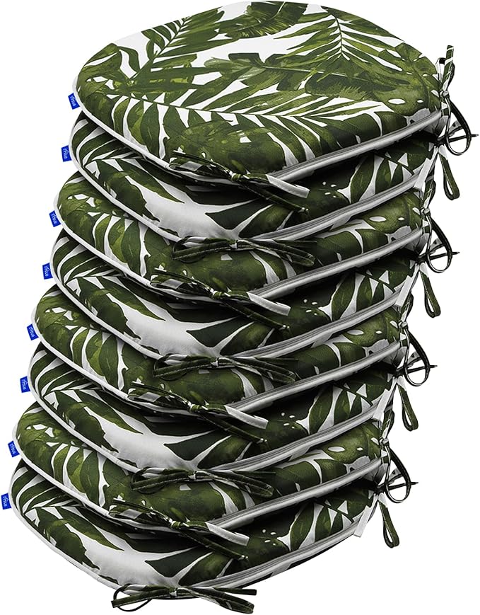 SleepMan Outdoor 17"x16" Chair Cushions with Ties Set of 8, Water Resistant All Weather U-Shape Seat Pads for Patio Garden Furniture Indoor Fade Resistant Patio Cushions (Green Leaf)