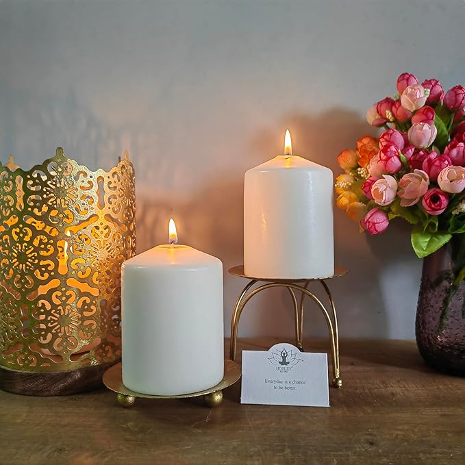 Hosley Set of 2 Gold Iron Pillar Candle Holder Plates – 4-Inch Decorative Round Trays for Pillar Candles – Ideal for Weddings, Special Occasions, Home Décor, and Pedestal Displays
