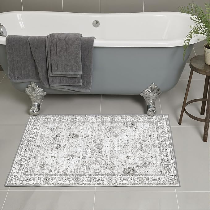 Area Rugs 24x17 Inch Home Decor Entry Rug, Small Door Mat Bath Mats for Bathroom, Ultra-Thin Non Slip Floral Low Pile Tub Mat for Sink Shower Doorway Tub Kitchen Sink(2 x 1.4 ft, Grey)