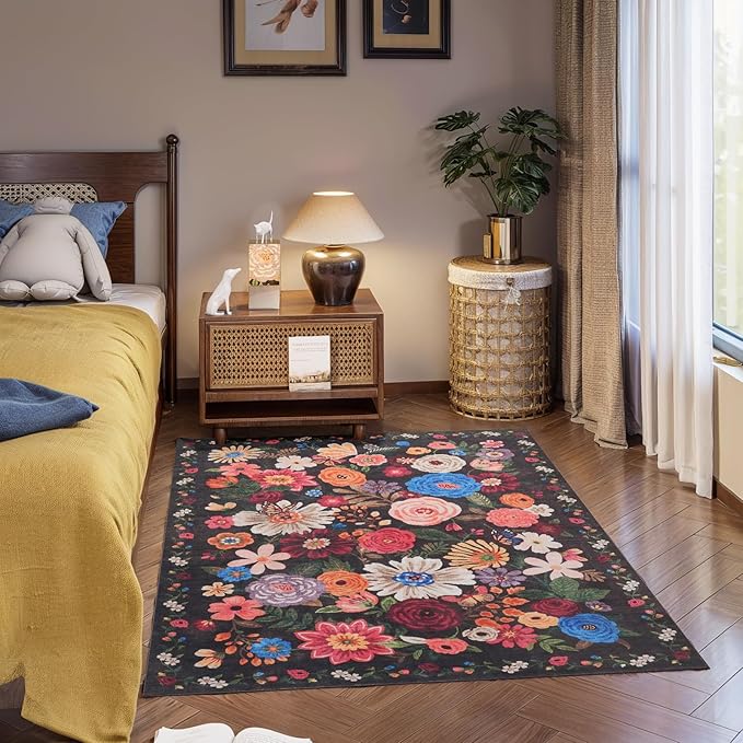 Area Rug 4x6 Black Rug, Washable Boho Rugs Non Slip Low Pile Floral Small Carpet for Bedroom, Bedside, Kids Room, Office, Dining Room(Black Garden, 4 x 6)