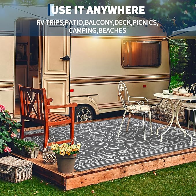 MilleLoomi Outdoor Rug 8x10 Waterproof Patio Rugs Vintage Reversible Mat for Front Door Rv Foldable Plastic Straw Carpet for Travel Trailers, Deck, Picnic, Porch, Camper, Balcony, Beach,Grey