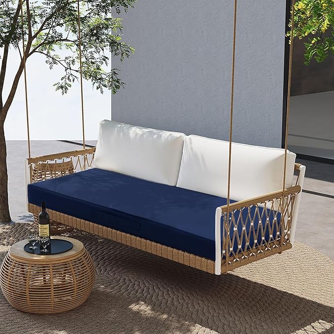 Outdoor Bench Cushion 48 x 18 x 4 Inch, Memory Foam Patio Bench Cushion for Outdoor Furniture Waterproof, Porch Swing Pad with Handle and Adjustable Strap, Navy
