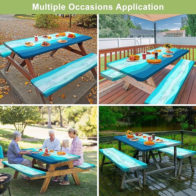 Picnic Table Cover with Bench Covers Camping Essentials Waterproof Windproof Camping Tablecloth with Drawstring Bag, Fitted Rectangle Tables and Seats, 60in, Sky Blue