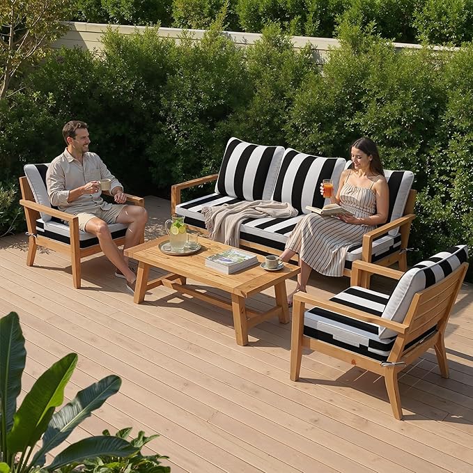 Crestlive 5.5" Outdoor Cushion for Patio Furniture Set of 2, 24 x 24, Waterproof and Fade-Resistant Deep Seat Cushions for Chair, Wicker Sofa and Couch, Black White Striped