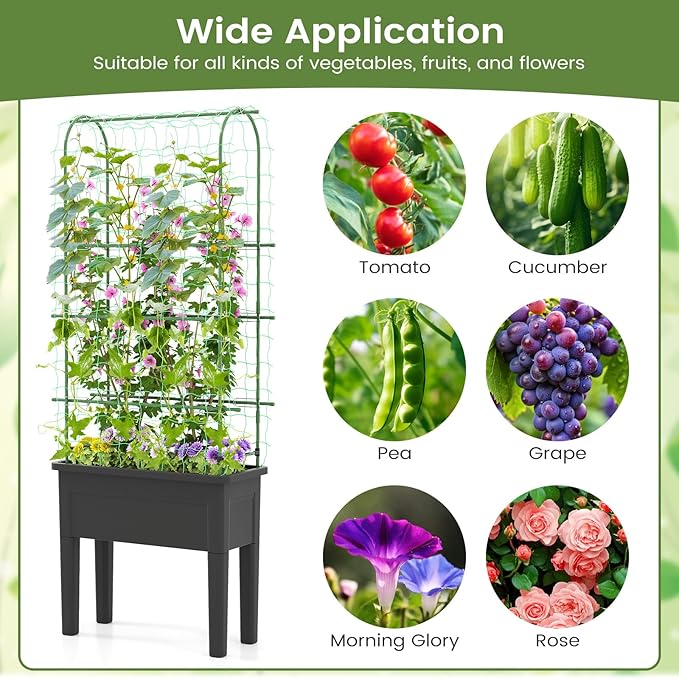 Giantex Raised Garden Bed with Legs & Trellis for Climbing Plants, Self-Watering Planter Box w/Water Level Gauge, for Vine Flower Herb Vegetable (29.5"x13.5"x76")