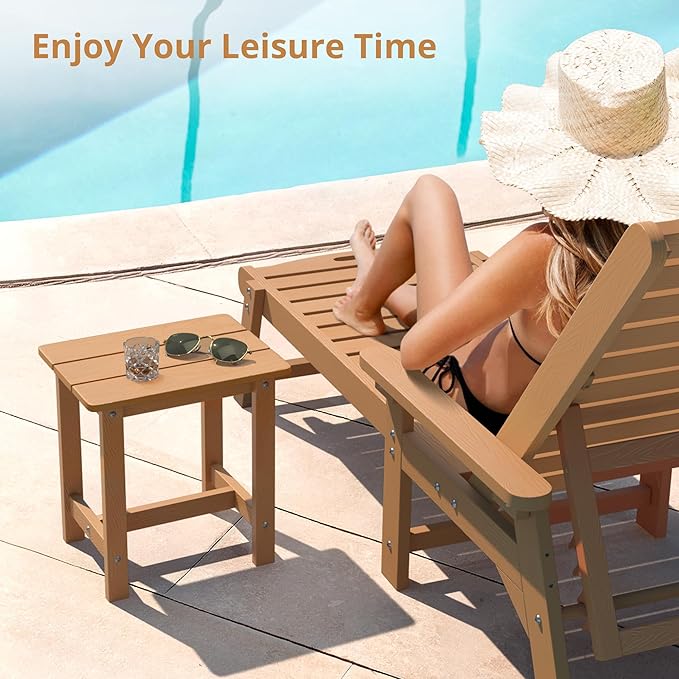 LUE BONA Outdoor Side Table Set of 2, HDPS Small Outdoor Table, Adirondack Side Table,Outside End Table for Patio, Porch, Pool, Weather Resistant/Easy Maintenance/Indoor or Outside Use, Teak Color