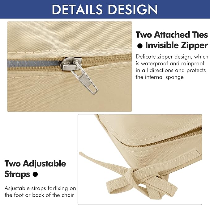 Outdoor Chair Cushions 24 x 24 Inch Water Resistant Patio Chair Cushions with Tie 3 Year Color Fastness Thick Outdoor Seat Cushion for Garden Lawn Patio Furniture Beige Set of 2